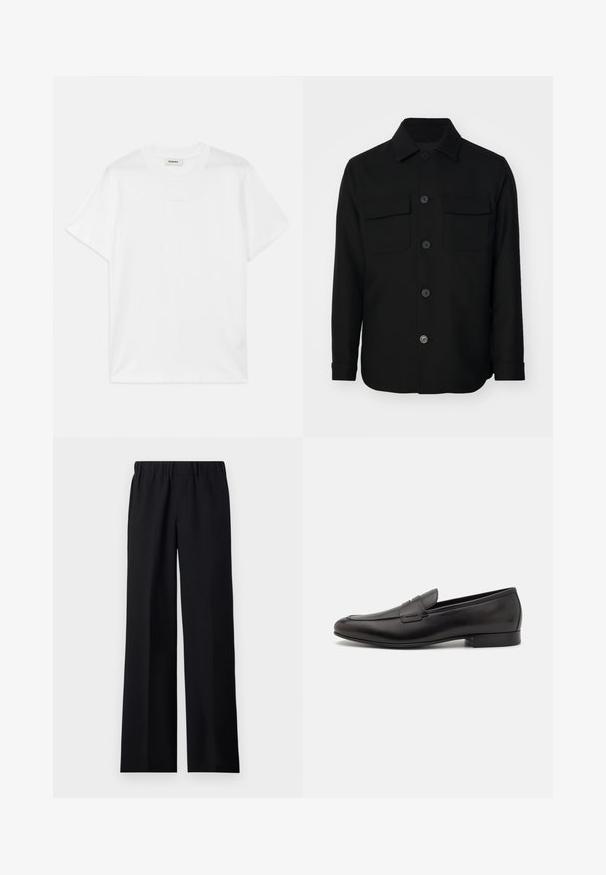 Musta takki, joka on valmistettu sileästä kankaasta. Siinä on terävä kaulus, etupainikkeet ja kaksi rintataskua läpällä. Pitkät hihat.; Valkoinen puuvillapaita, jossa on pyöreä kaula-aukko, lyhyet hihat ja hienovarainen logo painettuna etupuolelle. Suora pinta ja yksinkertainen muotoilu.; sandro LARGE - Housut - noir; Musta nahkakengät, joissa on tyylikäs muotoilu, pyöreä nenä ja matala pino korko. Ylhäällä koristeellinen ompelutaito.