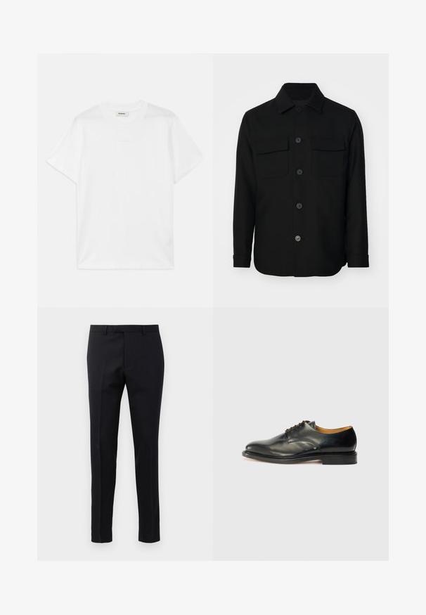 Schwarze Jacke aus glattem Stoff. Mit spitzem Kragen, Frontknöpfen und zwei Brusttaschen mit Klappen. Lange Ärmel.; Weißes Baumwoll-T-Shirt mit rundem Halsausschnitt, kurzen Ärmeln und einem dezenten Logo auf der Vorderseite. Glatte Textur und schlichtes Design.; Schwarze Anzughose aus glattem Stoff, mit taillierter Schnittführung, geraden Beinen, Gürtelschlaufen und flachem Vorderteil.; Schwarzer Lederschuh mit glatter Oberfläche, abgerundetem Zehenbereich und minimaler Schnürung. Verfügt über ein dezentes Design und eine niedrige, robuste Gummisohle.