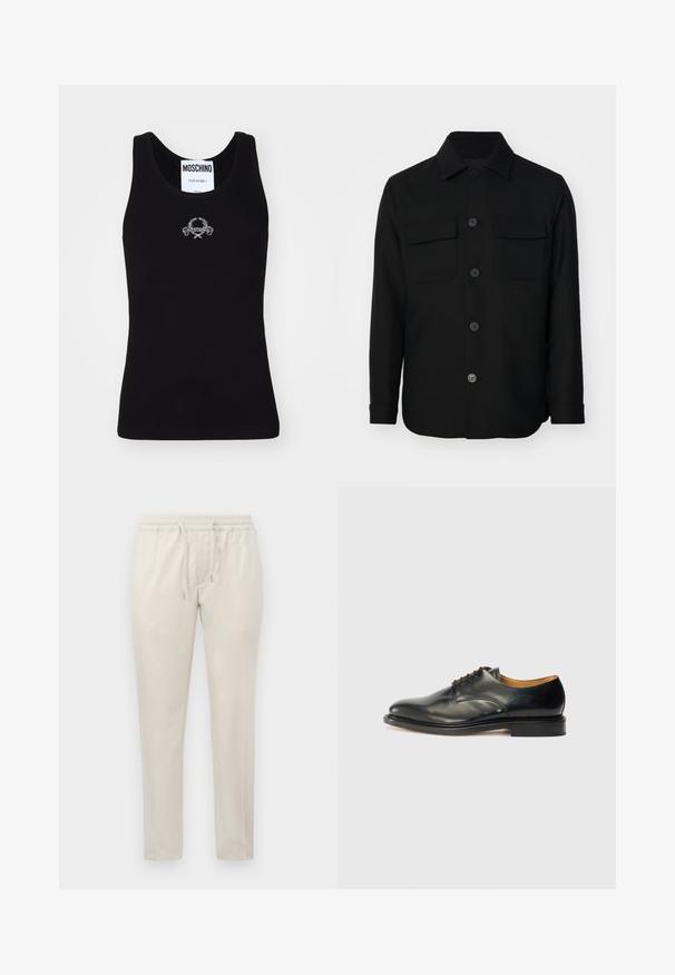 Črna srajcna jakna iz gladkega materiala. Ima oglat ovratnik, sprednje gumbe in dva žepa na prsih z poklopcema. Dolgi rokavi.; Črn rebrast majica brez rokavov s krožnim ovratnikom, s središnjo belo vezeno logotipno zasnovo. Narejena iz mehkega, raztegljivega materiala.; Bež hlače iz lahkega materiala z elastičnim pasom in vrvico. Ravninske noge brez vidnih žepov, zaključene z gladko teksturo.; Črne usnjene oblečne čevlje z gladko površino, zaobljenim nosom in minimalnim vezanjem. Imajo diskretnem oblikovanju in nizkim, trdim gumijastim podplatom.