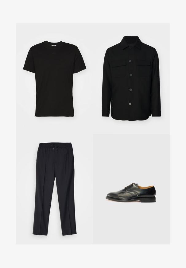 Sort skjortejakke lavet af et glat stof. Har en spids krave, frontknapper og to brystlommer med klapper. Lange ærmer.; Sort bomuldstrøje med klassisk crew neck-design, korte ærmer og subtil branding på forsiden. Glat struktur, ingen mønstre.; sandro ALPHA - Chino - noir; Sorte læder dress sko med en glat finish, rund tå og minimal snøring. Har et diskret design og en lav, robust gummisål.