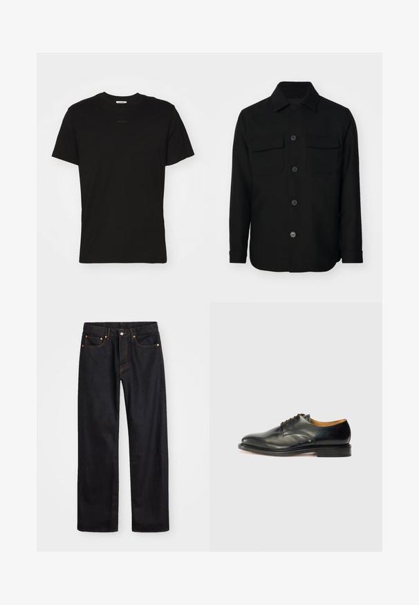 Must mustriga särk, mis on valmistatud siledast kangast. Omab teravat kaelust, esist muudatused ning kahte rinna taskut lipukestega. Pika varrukaga.; Must ja puuvillane t-särk klassikalise ümmarguse kaelusega disainiga, lühikesed varrukad ja diskreetne bränding ees. Sile materjal, mustrid puuduvad.; Meeste sirge jala mustad denim teksad viie taskuga, oranž õmblus, nupu ja tõmblukuga ees nagu vöökoht.; Must musta kingad, millel on sile pind, ümar nina ja minimaalne paelamine. Omab peent disaini ja madalat, tugevat kummist tallat.