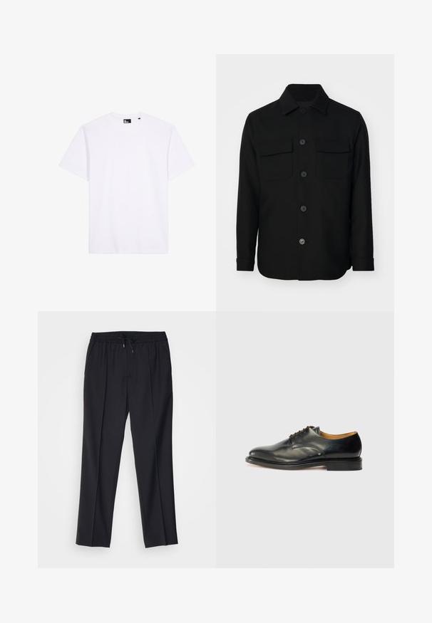 Czarna kurtka koszulowa wykonana z gładkiego materiału. Posiada spiczasty kołnierz, guziki z przodu oraz dwie kieszenie na piersi z klapkami. Długie rękawy.; Biała koszulka z krótkim rękawem i okrągłym dekoltem, wykonana z gładkiego materiału, z czarną metką marki wewnątrz dekoltu.; sandro - Chinosy; Czarne skórzane buty eleganckie z gładkim wykończeniem, okrągłym noskiem i minimalnym sznurowaniem. Charakteryzują się subtelnym wzornictwem oraz niską, solidną gumową podeszwą.