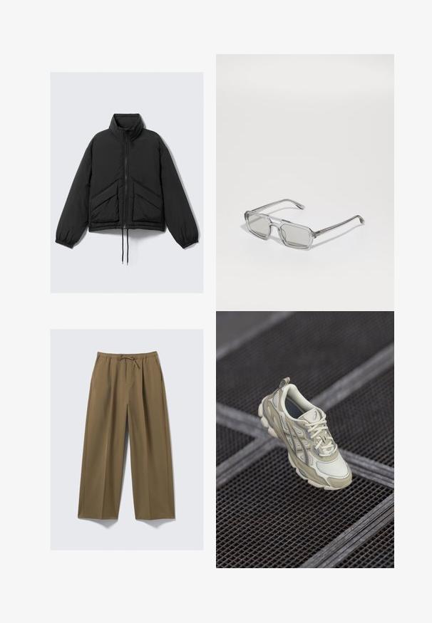 Czarna kurtka puchowa, wysoki kołnierz, zamek z przodu, gatherowane mankiety oraz przednie kieszenie z trójkątnym pikowaniem. Teksturowana tkanina, krótki krój.; Biała koszula z guzikami, w kratkę w granatowym kolorze, z kieszenią na piersi, zaokrąglonym dołem i drewnianymi guzikami. Lekki materiał.; Szerokie spodnie w kolorze oliwkowym, wykonane z miękkiej tkaniny z elastycznym pasem i regulowanym sznurkiem. Posiadają dwie boczne kieszenie.; Beżowe obuwie sportowe z teksturowaną siateczką, subtelnymi szarymi akcentami i wyściełanym językiem. Zaokrąglona, amortyzowana podeszwa zapewniająca komfort.; Emporio Armani - Okulary przeciwsłoneczne