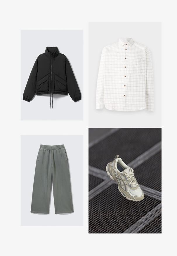 Crna puffer jakna, visoki ovratnik, prednji zip, skupljeni manžeti i prednji džepovi s trokutastim quilt uzorkom. Tekstuirana tkanina, skraćeni dizajn.; Bijela košulja s dugim rukavima s uzorkom mreže u tamnoplavoj boji, s džepom na prsima, zaobljenim rubom i drvenim gumbima. Lagana tkanina.; Svijetlosive hlače širokih nogavica napravljene od mekanog materijala, s elastičnom strukom i dva bočna džepa, uz vidljive detalje šivanja.; Bežna atletska cipela s teksturiranim mrežastim gornjim dijelom, suptilnim sivoj naglascima i podstavljenim jezikom. Zaobljen, podstavljen dizajn potplata za udobnost.
