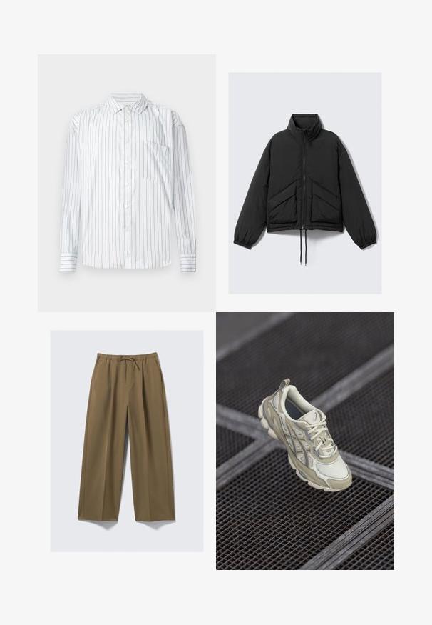 Chaqueta de plumas negra, con cuello alto, cierre de cremallera, puños fruncidos y bolsillos frontales con un patrón de acolchado triangular. Tejido texturizado, diseño corto.; Camisa de manga larga abotonada en blanco con finas rayas verticales rojas, textura suave, cuello con punta y un bolsillo en el pecho izquierdo.; Pantalones de pierna ancha en verde olivo, confeccionados con una tela suave, con cintura elástica y cordón ajustable. Cuenta con dos bolsillos laterales.; Zapatilla deportiva beige con parte superior de malla texturizada, sutiles acentos en gris y lengüeta acolchada. Diseño de suela redondeada y acolchada para mayor comodidad.