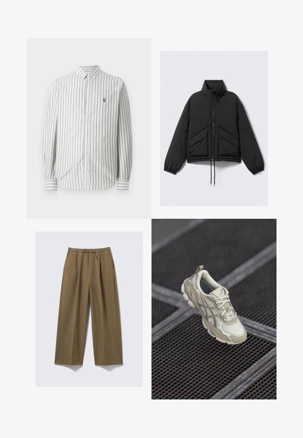 Black puffer jacket, high collar, zip front, gathered cuffs, and front pockets with a triangular quilted pattern. Textured fabric, cropped design.; Button-up shirt with vertical gray and white stripes. Long sleeves, standard collar, and a small logo on the left chest. Cotton material.; Wide-leg trousers in olive green, made from soft fabric with an elastic waistband and adjustable drawstring. Features two side pockets.; Beige athletic shoe featuring a textured mesh upper, subtle gray accents, and a padded tongue. Rounded, cushioned sole design for comfort.