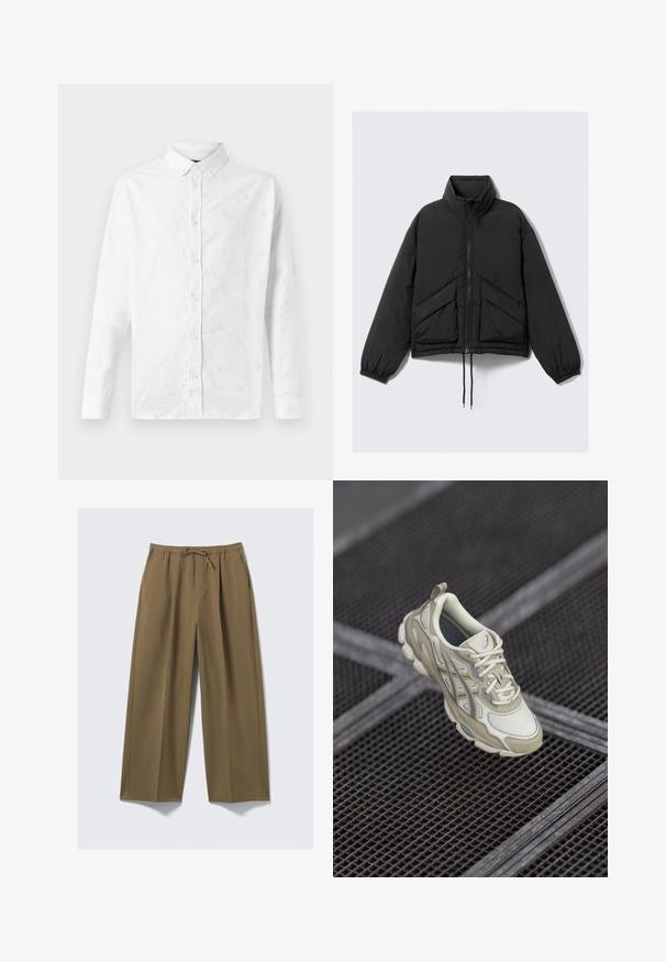 Jachetă puffere neagră, guler înalt, fermoar frontal, manșoane strânse și buzunare frontale cu un model pătrățos.Țesătură texturată, design scurt.; Cămașă albă cu mânecă lungă din bumbac, cu broderie subtilă pe întreaga suprafață, guler cu nasturi și închidere cu nasturi pe față.; Pantaloni largi de culoare verde măslinie, confecționați dintr-un material moale, cu talie elastică și șnur ajustabil. Au două buzunare laterale.; Pantofii athletic bej prezentând un superior din plasă texturată, accente gri subtile și un limbaj căptușit. Designul tălpii rotunjite și căptușite pentru confort.