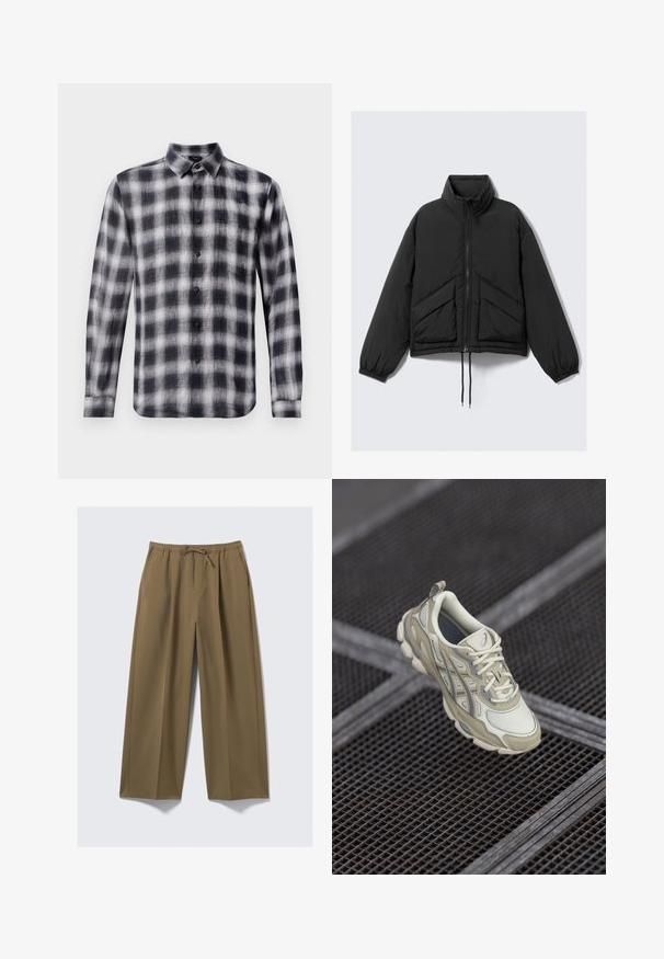 Svart puffjakke, høy krage, glidelås foran, innsamlede ermer og framlommer med et trekantet quiltet mønster. Strukturert stoff, cropped design.; Rutet skjorte i svart og hvitt, langermet, med krage, laget av lett stoff med myk tekstur, med svarte knapper.; Vidde bukser i olivengrønn, laget av mykt stoff med elastisk midje og justerbar snor. Har to sidelommer.; Beige treningssko med et teksturert mesh-overtrekk, subtile grå detaljer og en polstret tunge. Rundet, polstret såledesign for komfort.