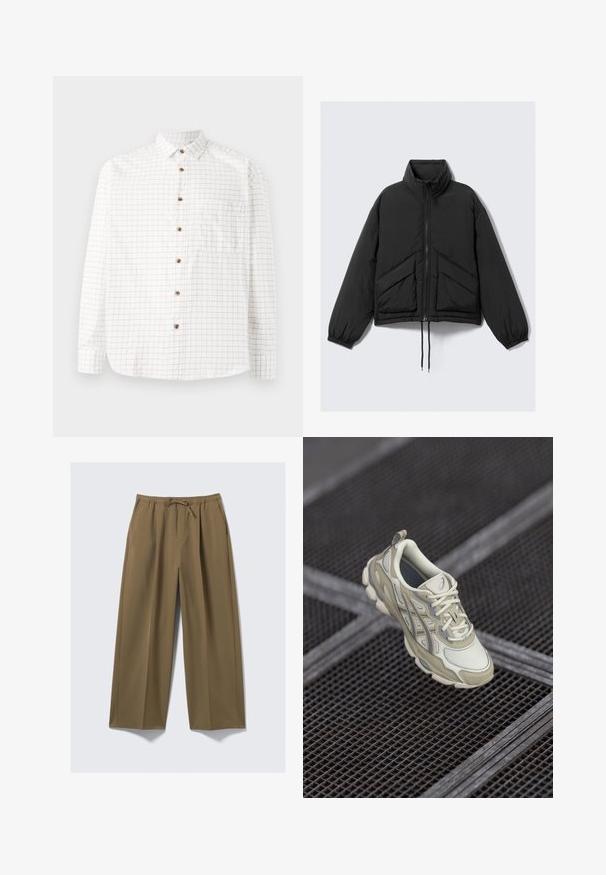 Sort puffjakke, høj krave, lynlås foran, sammensnørede ærmer og forlommer med et trekantet quiltet mønster. Struktureret stof, cropped design.; Hvid skjorte med knaplukning og rutenet i marineblå, med en brystlomme, rund søm og træknapper. Letvægtsstof.; Bredde bukser i olivengrøn, lavet af blødt stof med elastisk talje og justerbar snor. Har to sidelommer.; Beige sportsko med en tekstureret mesh-overdel, subtile grå accenter og en polstret tunge. Rundet, polstret således designet for komfort.