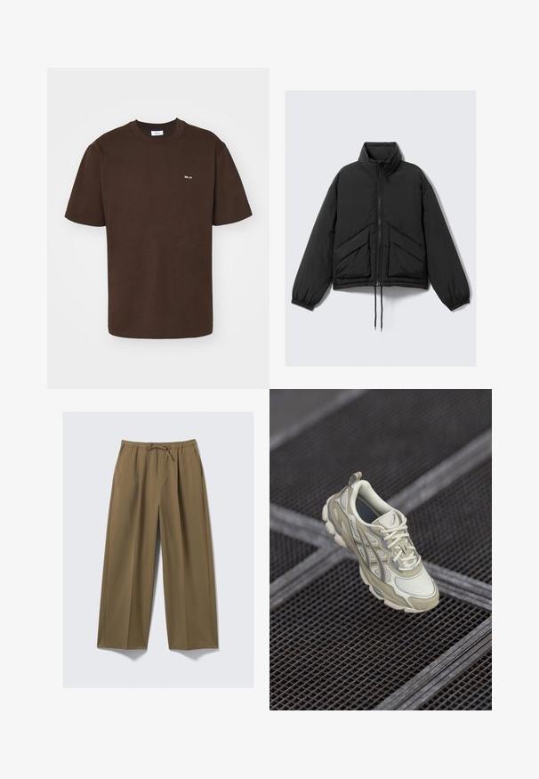 Black puffer jacket, high collar, zip front, gathered cuffs, and front pockets with a triangular quilted pattern. Textured fabric, cropped design.; NN.07 ADAM EMB - Basic T-shirt - brown; Wide-leg trousers in olive green, made from soft fabric with an elastic waistband and adjustable drawstring. Features two side pockets.; Beige athletic shoe featuring a textured mesh upper, subtle gray accents, and a padded tongue. Rounded, cushioned sole design for comfort.