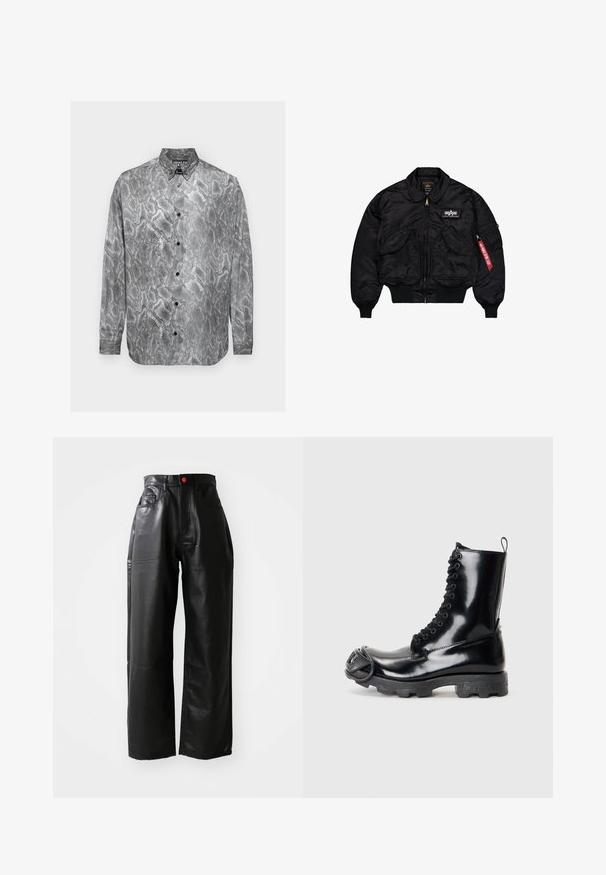 Černá bomber bunda vyrobená z hladkého nylonu. Obsahuje přední zip, žebrované manžety, několik kapes a červenou textilní nášivku na rukávu.; Černý pletený svetr s kabelovým vzorem, dlouhými rukávy a kulatým výstřihem, zobrazený zezadu na jednobarevném pozadí.; Košile s dlouhým rukávem, která má design černo-bílé hadí kožešiny, zapínání na knoflíky a hladkou texturu látky s černými knoflíky.; Černé široké kalhoty z umělé kůže s vysokým pasem, viditelnými kapsami a červeným knoflíkem jako akcentem, se hladkým, lesklým povrchem.; Černé lakované kožené bojové boty s lesklým povrchem, šněrovacím designem, silnou gumovou podrážkou a charakteristickým předním kovovým detailem.