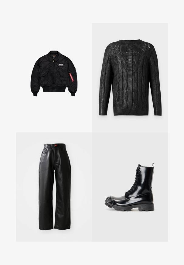 Fekete bomberdzseki sima nylonból készült. Elöl cipzárral, bordás mandzsettákkal, több zsebbel és egy piros szövetcímkével rendelkezik az ujján.; Fekete kötött pulóver, dróttal mintázva, hosszú ujjú és kerek nyakkivágással, hátulról ábrázolva egy egyszínű háttéren.; Fekete, hosszú ujjú pulóver, puha anyagból készült, kerek nyakkivágással, laza szabással és bordás mandzsettákkal. Minimalista dizájn, minták nélkül.; Fekete műbőr, bő szárú nadrág magas derékkal, látható zsebekkel és piros gomb kiemeléssel, sima, fényes textúrával.; Fekete lakkbőr harci csizma fényes felülettel, fűzős dizájnnal, vastag gumitalppal és jellegzetes elülső fémrészekkel.
