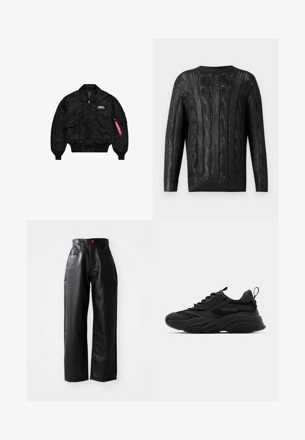 Černá bomber bunda vyrobená z hladkého nylonu. Obsahuje přední zip, žebrované manžety, několik kapes a červenou textilní nášivku na rukávu.; Černý pletený svetr s kabelovým vzorem, dlouhými rukávy a kulatým výstřihem, zobrazený zezadu na jednobarevném pozadí.; Černý svetr s dlouhým rukávem vyrobený z měkké tkaniny, s kulatým výstřihem, volným střihem a žebrovanými manžetami. Minimalistický design, bez dalších vzorů.; Černé široké kalhoty z umělé kůže s vysokým pasem, viditelnými kapsami a červeným knoflíkem jako akcentem, se hladkým, lesklým povrchem.; Černé sportovní tenisky s masivní podrážkou, síťovanými panely a gumovými detaily. Obsahují poutko na patě a texturované vzory.
