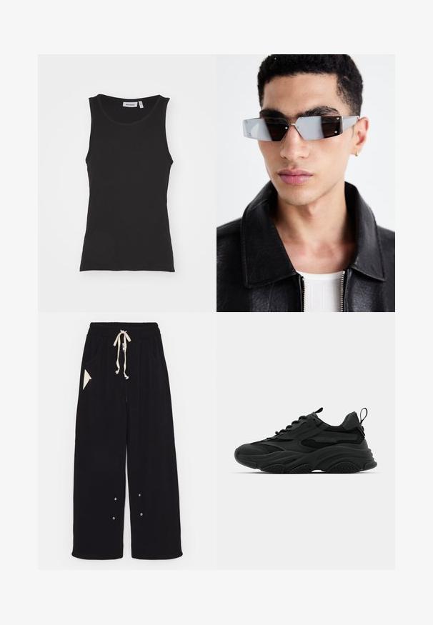 Juodas bombonešis, pagamintas iš lygaus nailono. Jame yra priekinis užtrauktukas, raštuoti rankogaliai, kelios kišenės ir raudonas audinio etiketė ant rankovės.; Juoda džemperis su kengūros kišene, su šiurkščiu gobtuvu ir trumpomis rankovėmis su išplėstais dizaino elementais. Pagamintas iš minkštos, tekstūruotos medžiagos.; Juodas be rankovių tankas, pagamintas iš medvilnės, su apvaliu iškirpimu, raštuota tekstūra ir tiesia apačia. Etiketėje užrašyta "WEEKDAY."; Juodos plačios kelnės, pagamintos iš minkštos medžiagos, su raišteliu juosmeniui, šoninėmis kišenėmis ir trikampiu akcentu kišeniu. Įtraukti sidabriniai detalės.; Juodi sportiniai batai su masyviu padu, tinkliniais elementais ir gumos akcentais. Yra kilpos užtraukimui ant kulno ir tekstūruotais raštais.; Kampinis pilkai tonuoti akiniai nuo saulės su sidabrinėmis detalėmis, prieš šviesų foną. Lęšiai turi unikalią geometrinę formą.