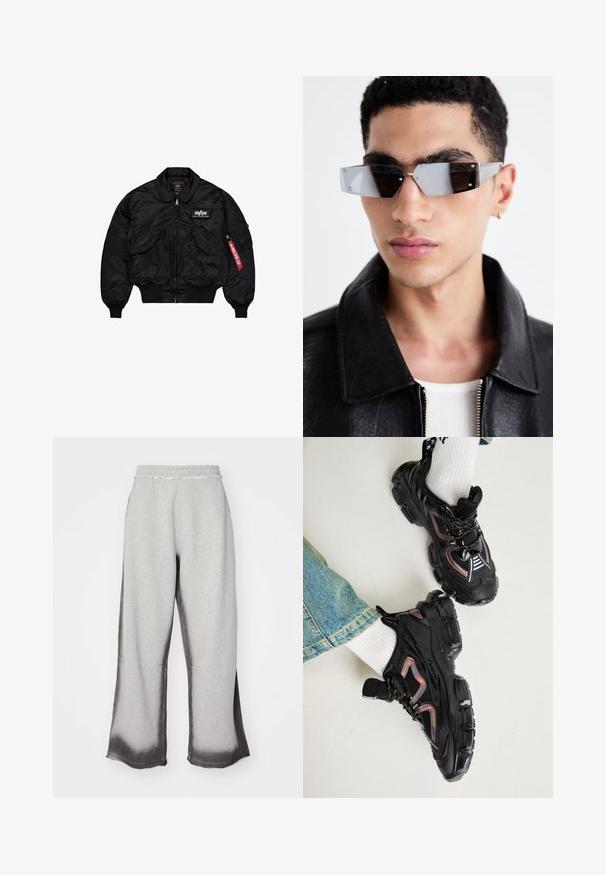 Černá bomber bunda vyrobená z hladkého nylonu. Obsahuje přední zip, žebrované manžety, několik kapes a červenou textilní nášivku na rukávu.; Černá mikina s kapucí a klokánkovou kapsou, šňůrková kapuce a krátké rukávy s prodlouženými designovými prvky. Vyrobena z měkké, texturované tkaniny.; Šedé tepláky s texturovaným povrchem, s postupným tmavě šedým přechodem na lemu, elastickým pasem a širokým střihem nohavic.; Steve Madden QUANTICO - Tenisky - black; Avenované sluneční brýle se šedým nádechem a stříbrnými doplňky, umístěné na světlém pozadí. Skla mají jedinečný geometrický tvar.