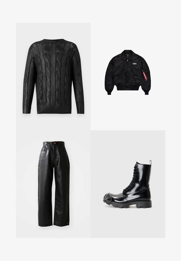 Melnā bumbijaka, kas izgatavota no gluda nylona. Aprīkota ar priekšējo rāvējslēdzēju, ribotiem piedurkņu galiem, vairākiem kabatām un sarkanu auduma birku uz piedurknes.; Melna adīta džemperis ar putnu rakstu, garām piedurknēm un apaļu kakla izgriezumu, redzams no aizmugures uz vienkārša fona.; Melns garām piedurknēm džemperis, izgatavots no mīkstas auduma, ar apaļu kakla izgriezumu, brīvu piegriezumu un ribotām piedurknēm. Minimalistisks dizains, bez papildus rakstiem.; Melni mākslīgās ādas platās kāju bikses ar augstu jostasvietu, redzamām kabatām un sarkanu pogu akcentu, ar gludu, spīdīgu tekstūru.; Melnas patentētas ādas kaujas zābaki ar spīdīgu apdari, ar šņorešanas dizainu, biezu gumijas zoli un izteiktu priekšpuses detaļu.