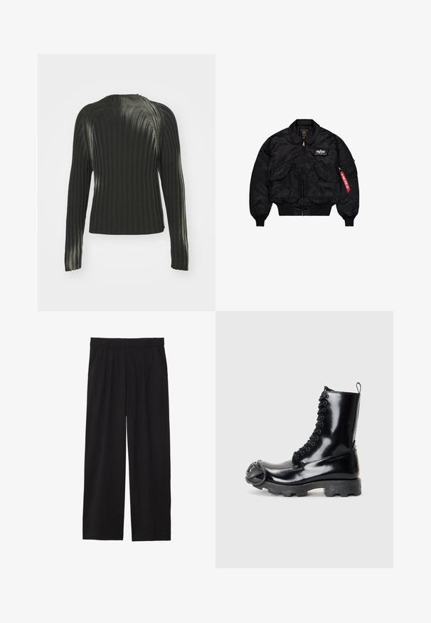 Black bomber jacket made of smooth nylon. Features a front zipper, ribbed cuffs, multiple pockets, and a red fabric tag on the sleeve.; Black ribbed sweater with long sleeves, featuring a round neckline and a textured pattern throughout the fabric. Simple and fitted design.; Black wide-leg trousers with a pleated front, side pockets, and a smooth fabric texture. Designed for a relaxed fit.; Black patent leather combat boot with a glossy finish, lace-up design, thick rubber sole, and distinctive front hardware detail.