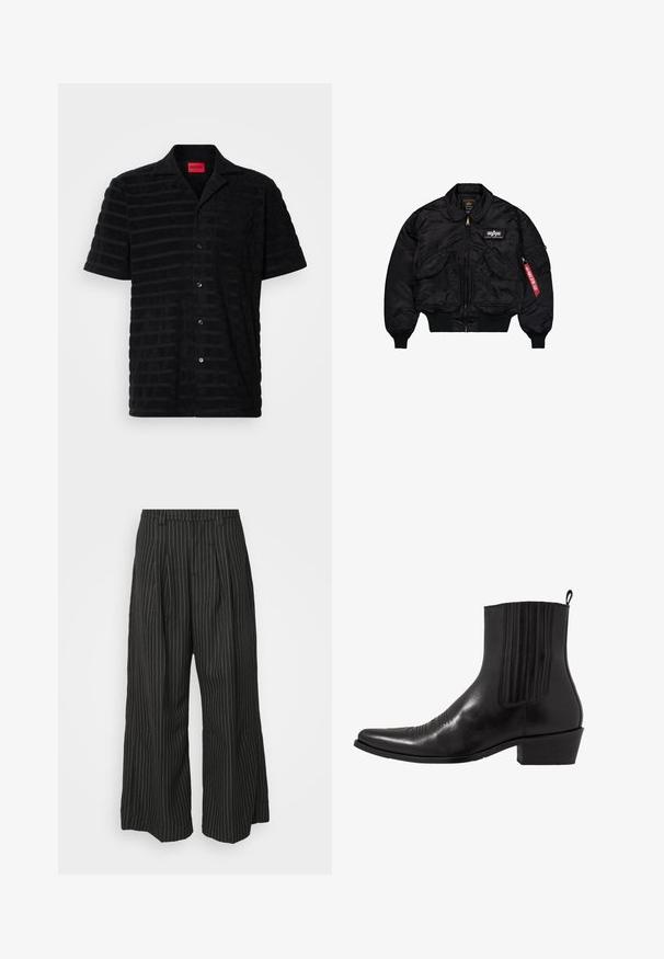 Giacca bomber nera realizzata in nylon liscio. Presenta una zip frontale, polsini a costine, diverse tasche e un'etichetta in tessuto rossa sulla manica.; Maglietta nera a maniche corte con tessuto strutturato, caratterizzata da un leggero motivo a righe, tasca frontale e etichetta con marchio rossa.; Pantaloni a gamba larga neri a righe con pieghe, caratterizzati da un design sartoriale e una texture morbida. Nessun hardware o decorazione visibile.; Stivale alla caviglia in pelle nera con punta affusolata, pannelli laterali elasticizzati, accenti di cuciture verticali e tacco a blocco basso.