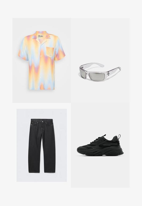 Musta pompputakki, joka on valmistettu sileästä nailonista. Siinä on etuvetoketju, ribbed hihansuut, useita taskuja ja punainen kangastunnus hihassa.; Lyhythihainen nappikauluspaita, jossa on pastellivärinen gradienttikuvio vaaleanpunaisessa, keltaisessa ja sinisessä; sisältää rintataskun ja kauluksen.; Pitkähihaista valkoista t-paitaa, joka on valmistettu pehmeästä puuvillasta. Pyöreä kaula-aukko, suorat helmat eikä näkyviä kuvioita tai grafiikoita.; Mustat denim-farkut suoran lahkeen leikkauksella, joissa on napin sulku, viisi taskua ja kuparinvärisiä yksityiskohtia. Liukas pinta.; Mustat urheilukengät, joissa on paksu pohja, verkkopaneelit ja kumiset yksityiskohdat. Varren takana on vetohihna ja kankaat ovat kuvioituja.; Aurinkolasit, joissa on kirkas muovikehys, harmaat linssit, ympärille kietoutuva muotoilu ja logotieto sivuilla. Sileä pinta ja kaarevat varret.