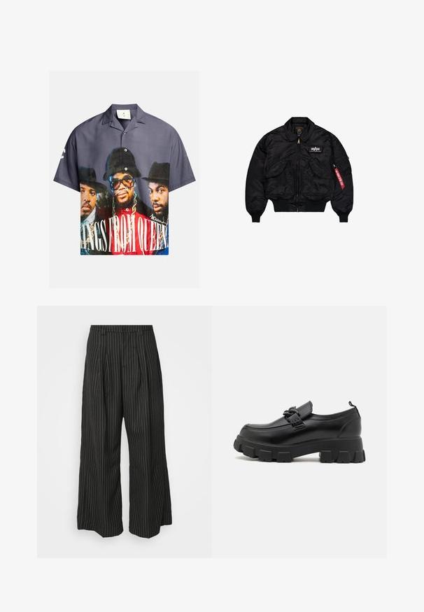 Schwarze Bomberjacke aus glattem Nylon. Verfügt über einen Frontreißverschluss, gerippte Bündchen, mehrere Taschen und ein rotes Stoffetikett am Ärmel.; Kurzärmeliges Hemd mit Knopfleiste, das einen grafischen Druck von drei Figuren zeigt, überwiegend in blauen, grauen und roten Tönen, mit weißem Text.; Schwarz gestreifte weite Hose mit Falten, im taillierten Design und mit weichem Material. Keine sichtbaren Beschläge oder Akzente.; Schwarzer Lederschuh mit einer klobigen, strukturierten Sohle und einem dekorativen Riemen über dem Obermaterial. Verfügt über einen leichten Absatz und eine Zuglasche hinten.