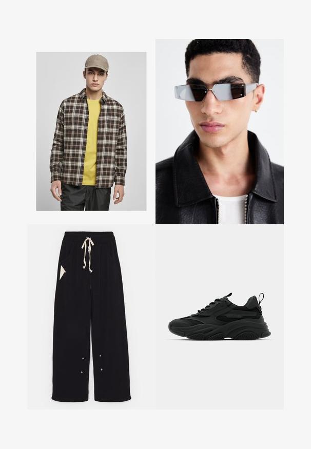 Veste bomber noire en nylon lisse. Dotée d'une fermeture éclair sur le devant, de poignets côtelés, de plusieurs poches et d'une étiquette en tissu rouge sur la manche.; Urban Classics ROOTS - Chemise - darkground/warmsand; Pantalons larges noirs en tissu doux avec une taille à cordon, poches latérales et une poche d'accent en forme de triangle. Détails en métal argenté inclus.; Baskets de sport noires avec une semelle épaisse, des panneaux en mesh et des accents en caoutchouc. Elles disposent d'une sangle de traction à l'arrière et de motifs texturés.; Lunettes de soleil grises angulaires avec des détails en argent, sur un fond clair. Les verres présentent une forme géométrique unique.