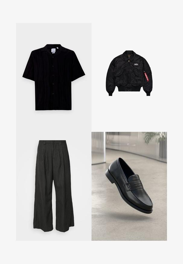 Schwarze Bomberjacke aus glattem Nylon. Verfügt über einen Frontreißverschluss, gerippte Bündchen, mehrere Taschen und ein rotes Stoffetikett am Ärmel.; Schwarzes Kurzarmhemd aus strukturiertem Stoff mit Kragen und sechs vorderen Knöpfen, geradem Saum und entspannter Passform.; Schwarz gestreifte weite Hose mit Falten, im taillierten Design und mit weichem Material. Keine sichtbaren Beschläge oder Akzente.; Schwarzer Lederloafer mit glatter Textur, spitzer Zehe und einem dekorativen Riemen über dem Rist. Leichte Sohle, minimalistisches Design.