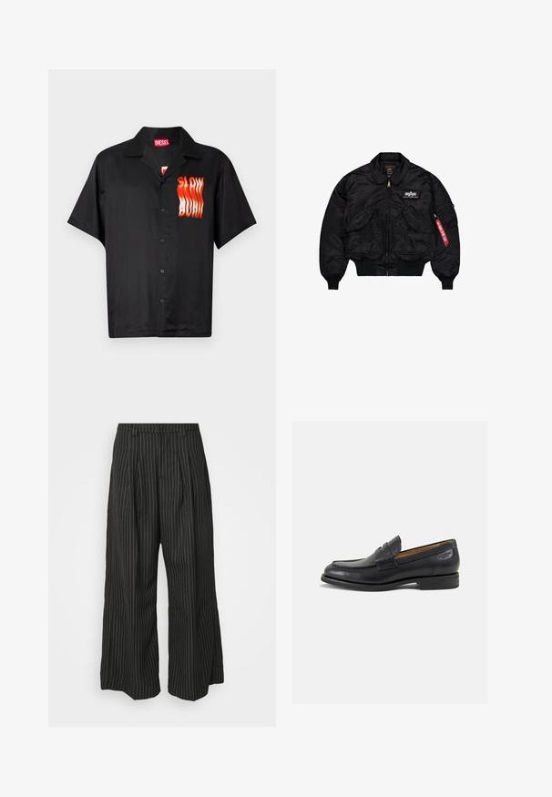 Musta pompputakki, joka on valmistettu sileästä nailonista. Siinä on etuvetoketju, ribbed hihansuut, useita taskuja ja punainen kangastunnus hihassa.; Musta lyhythihainen paita, joka on valmistettu sileästä kankaasta. Paidassa on vasemmalla puolella punainen ja oranssi "SLOW BURN" -grafiikka sekä klassinen kauldesign.; Mustat pinstripe-linjaiset leveälahkeiset housut, joissa on pleateja, taidokkaalla muotoilulla ja pehmeällä tekstuurilla. Ei näkyvää metalliosia tai koristeita.; Mustat nahkaloaferit, joissa on sileä pinta, pyöreä varvas ja koristeompeleet varpaansuojassa. Matala pinottu korko ja hieno kiilto.
