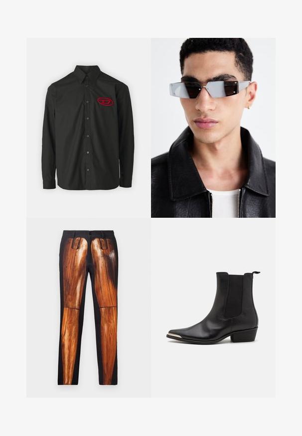 Svart bomberjacka i slät nylon. Har en blixtlås framtill, ribbade muddar, flera fickor och en röd tygmärke på ärmen.; Svart långärmad skjorta med button-down krage. Har en röd broderad logotyp på vänster bröst och matchande svarta knappar.; Svarta byxor med ett grafiskt tryck av träben, med en slät textur och en kontrasterande glänsande finish på en matt bakgrund.; Svarta ankelstövlar i texturerat läder med spetsig tå, elastiska sidopaneler, en bakre dragflik och en låg blockklack.; Vinklade gråtonade solglasögon med silverdetaljer, på en ljus bakgrund. Linserna har en unik geometrisk form.