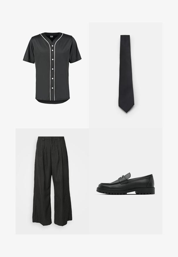 Must mustarjakk, mis on valmistatud siledast nailonist. Omab eesmist lukku, soonikkoes mansette, mitmeid taskuid ja punast kangast sildiga varrukal.; Must musta särk, millel on lühikesed varrukad, valmistatud siledast kangast. Omab valgeid nööpe ja kontrastselt valget äärestust esiküljel ja krael.; Mustudest triibulised laiad püksid plisseedega, millel on kohandatud disain ja pehme tekstuur. Nähtavaid riistade või aktsente pole.; Mustad musta nahast loafers, millel on ümar varvas, tikandiga disain, madal platvorm-soon ja tekstureeritud, soonikkummist välistald.; Kitsas musta lips, millel on tekstureeritud, diagonaalne ribakujuline muster. Omab teravat otste ning sileda viimistlusega. Sobib ametlikeks üritusteks.