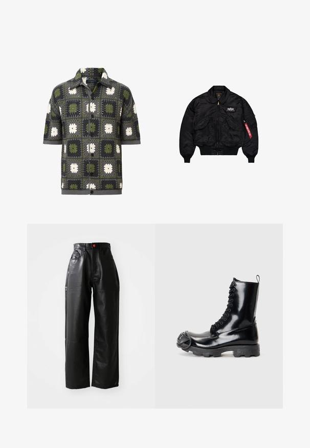 Jachetă bomber neagră, realizată din nailon neted. Prezintă un fermoar frontal, manșete ribbate, multiple buzunare și un etichetă din stofă roșie pe mânecă.; Cămașă cu mâneci scurte, cu un design patchwork format din pătrate florale verzi, gri și albe, realizată dintr-un material tricotat texturat.; Pulover negru cu mâneci lungi, realizat dintr-un material moale, având un guler rotund, croială lejeră și manșete ribbate. Design minimalist, fără modele suplimentare.; Pantaloni largi din piele ecologică neagră cu talie înaltă, buzunare vizibile și o curea roșie, având o textură netedă și lucioasă.; Cizmă de luptă din piele patentată neagră, cu un finisaj lucios, design cu șireturi, talpă din cauciuc groasă și un detaliu distinctiv din metal în partea frontală.