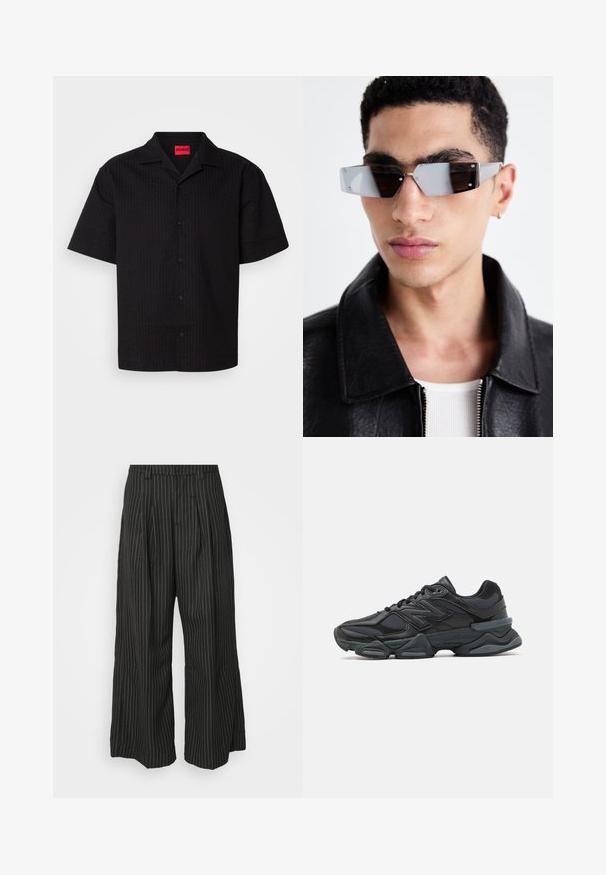 Jachetă bomber neagră, realizată din nailon neted. Prezintă un fermoar frontal, manșete ribbate, multiple buzunare și un etichetă din stofă roșie pe mânecă.; Cămașă neagră cu mâneci scurte, cu un model texturat, guler ascuțit și etichetă branduită în roșu, având nasturi vizibili pe deschidere.; Pantaloni largi cu dungi negre, cu pliuri, având un design croit și o textură moale. Fără detalii sau accente vizibile.; Pantofari de alergare negri, cu un amestec de plasă și materiale sintetice, talpă masivă, design curbat și branding proeminent pe lateral.; Ochelari de soare unghiulari cu nuanță gri, cu accesorii argintii, pe un fundal deschis. Lentilele au o formă geometrică unică.