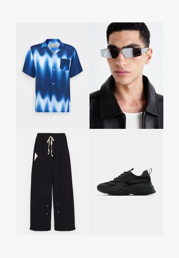 Fekete bomberdzseki sima nylonból készült. Elöl cipzárral, bordás mandzsettákkal, több zsebbel és egy piros szövetcímkével rendelkezik az ujján.; Rövid ujjú gombos ing gradiens kék színben, fehér hullámokkal. Mellzsebbel rendelkezik és sima, fényes anyagból készült.; Fekete, bő szárú nadrág puha anyagból, húzózsinórral a deréknál, oldalsó zsebekkel és háromszög alakú díszítőzsebbel. Ezüst hardware részletek.; Fekete sportcipők vastag talppal, hálós panelek és gumis részletek. A sarkán húzófül található, valamint mintás textúrák jellemzik.; Szögletes, szürke árnyalatú napszemüveg ezüst díszítéssel, világos háttér előtt. A lencsék egyedi geometrikus formával rendelkeznek.