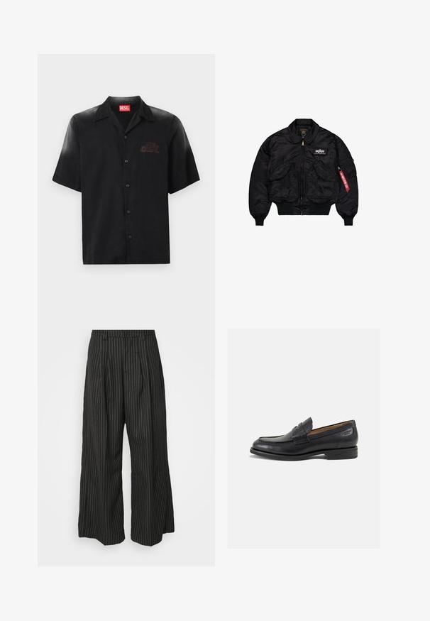 Melnā bumbijaka, kas izgatavota no gluda nylona. Aprīkota ar priekšējo rāvējslēdzēju, ribotiem piedurkņu galiem, vairākiem kabatām un sarkanu auduma birku uz piedurknes.; Melna t-krekla ar īsām piedurknēm, kas izgatavots no gludas auduma ar pogām priekšpusē, uz kreisā krūts ar diskrētu iebrauktu logotipu.; Melnas strīpainas platās bikses ar pieūgumiem, ar pielāgotu dizainu un mīkstu tekstūru. Nav redzamu detaļu vai akcentu.; Melnas ādas loafers ar gludu apdari, noapaļotu purngalu un dekoratīvām šuvēm uz virsu. Zems, sakrauta papēža un neliels spīdums.