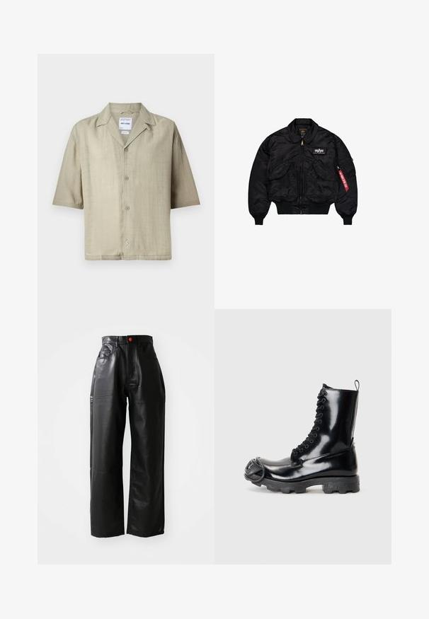 Musta pompputakki, joka on valmistettu sileästä nailonista. Siinä on etuvetoketju, ribbed hihansuut, useita taskuja ja punainen kangastunnus hihassa.; Lyhythiha, napillinen paita vaaleasta khaki-kankaasta. Sisältää leirikauluksen, suoralinjaisen leikkauksen ja viisi nappia edessä. Teksturoitu pinta.; Mustakankaiset pitkähihainen neule, joka on valmistettu pehmeästä kankaasta. Siinä on pyöreä pääntie, rento istuvuus ja ribbatut hihansuut. Minimalistinen muotoilu ilman lisäkuvioita.; Mustat keinonahkavsakousut, joissa on korkea vyötärö, näkyvät taskut ja punainen nappi yksityiskohtana. Vaatteilla on sileä ja kiiltävä pinta.; Musta lakkapintainen taistelukenkä kiiltävällä pinnalla, nauhakiinnitys, paksu kumipohja ja erottuva etuosan metalliosuus.