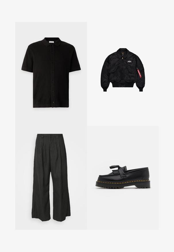 Črna bomberska jakna iz gladkega najlona. Ima sprednji zadrgo, rebraste manšete, več žepov in rdečo tkaninsko oznako na rokavu.; Črna polo majica s kratkimi rokavi, izdelana iz teksturirane tkanine, z gumbom spredaj in klasičnim ovratnikom. Ima ravno rob.; Črne široke hlače s črtami in pregibi, s krojem po meri in mehko teksturo. Ni vidne opreme ali dodatkov.; Črne usnjene loafersice s kaširanim naglasom, z debelim črnim podplatom in rumenim šivom ob robu. Teksturirana površina.