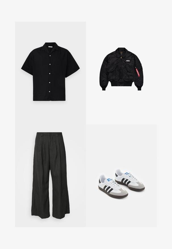 Giacca bomber nera realizzata in nylon liscio. Presenta una zip frontale, polsini a costine, diverse tasche e un'etichetta in tessuto rossa sulla manica.; Maglietta nera a maniche corte in cotone con bottone centrale, colletto a risvolto e bottoni bianchi. Design semplice e pulito, senza motivi.; Pantaloni a gamba larga neri a righe con pieghe, caratterizzati da un design sartoriale e una texture morbida. Nessun hardware o decorazione visibile.; Scarpe sportive con tomaia in pelle bianca, punta in suede grigia e tre strisce nere. Presentano un logo blu sulla linguetta e una suola in gomma testurizzata.