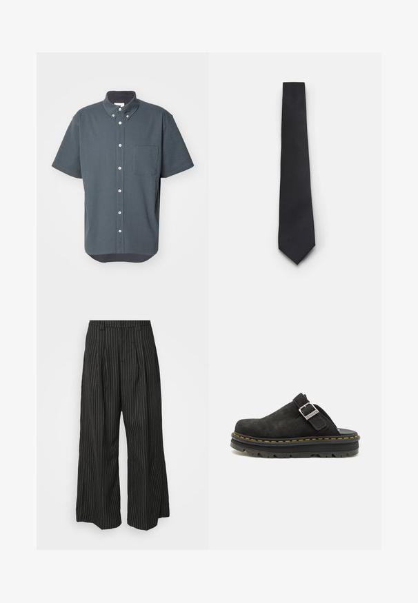 Svart bomberjakke laget av glatt nylon. Har glidelås foran, ribbestrikkede mansjetter, flere lommer og et rødt stoffmerke på ermet.; Kortermet skjorte med knapper i mørkegrå vaffelteksturert stoff med en brystlomme og hvite knapper. Rundet kant nederst.; Svarte stripete vide bukser med folder, med en skreddersydd design og en myk tekstur. Ingen synlige detaljer eller aksenter.; Sorte semskede klipper med justerbar stropp, med en tykk svart gummisåle og kontrasterende gul søm langs kanten.; Smal svart slips med en teksturert, skrå ribbet mønster. Har en spiss tupp og en glatt finish. Egnet for formell antrekk.