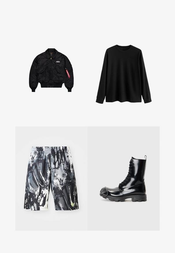 Zwarte bomberjack van glad nylon. Voorzien van een rits aan de voorkant, ribbelboorden, meerdere zakken en een rode stoffen label op de mouw.; Zwarte longsleeve pullover van zachte stof, met een ronde halslijn, een relaxte pasvorm en geribbelde manchetten. Minimalistisch ontwerp, zonder aanvullende patronen.; Zwart en grijs gemarmerde sportshorts met een elastische tailleband, voorzien van een digitaal abstract ontwerp en een kleine neon accent.; Zwarte laarzen van gepatenteerd leer met een glanzende afwerking, vetersluiting, dikke rubberen zool en een kenmerkend detail aan de voorkant.