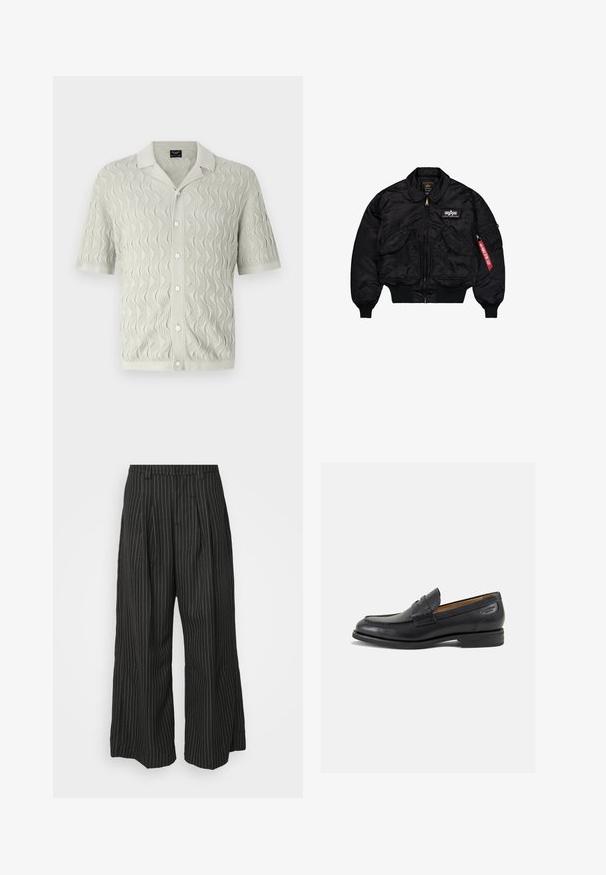 Black bomber jacket made of smooth nylon. Features a front zipper, ribbed cuffs, multiple pockets, and a red fabric tag on the sleeve.; Short-sleeve, light gray knit shirt featuring a wave pattern, collar, and button closure with a textured fabric.; Black pinstriped wide-leg trousers with pleats, featuring a tailored design and a soft texture. No visible hardware or accents.; Black leather loafers with a smooth finish, rounded toe, and decorative stitching on the vamp. Low stacked heel and slight shine.