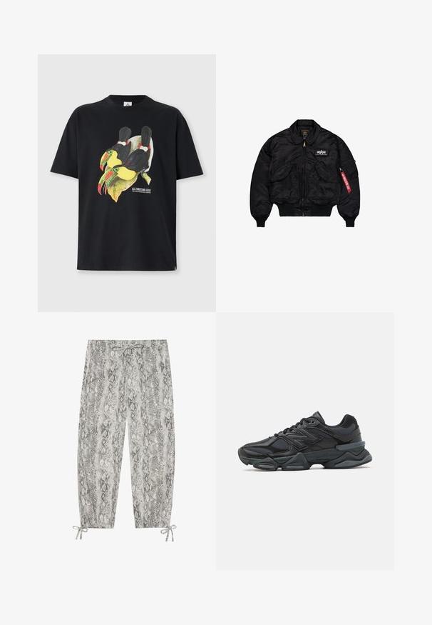 Must mustarjakk, mis on valmistatud siledast nailonist. Omab eesmist lukku, soonikkoes mansette, mitmeid taskuid ja punast kangast sildiga varrukal.; Must have must reben t-särk, millel on värviline graafika kahe tukaarniga, millel on kollased ja rohelised aktsendid. Lühikesed varrukad ja lõdva istuvuse disain.; Hallide ja musta mao mustriga püksid, millel on paeltega vöökoht ja reguleeritav lips alläärtes. Valmistatud pehmest ja kergest kangast.; Mustad mustus jooksukeng, mis sisaldab segu võrgust ja sünteetilisest materjalist, jäme talla, kaarduv disain ja silmapaistev bränding külgedel.