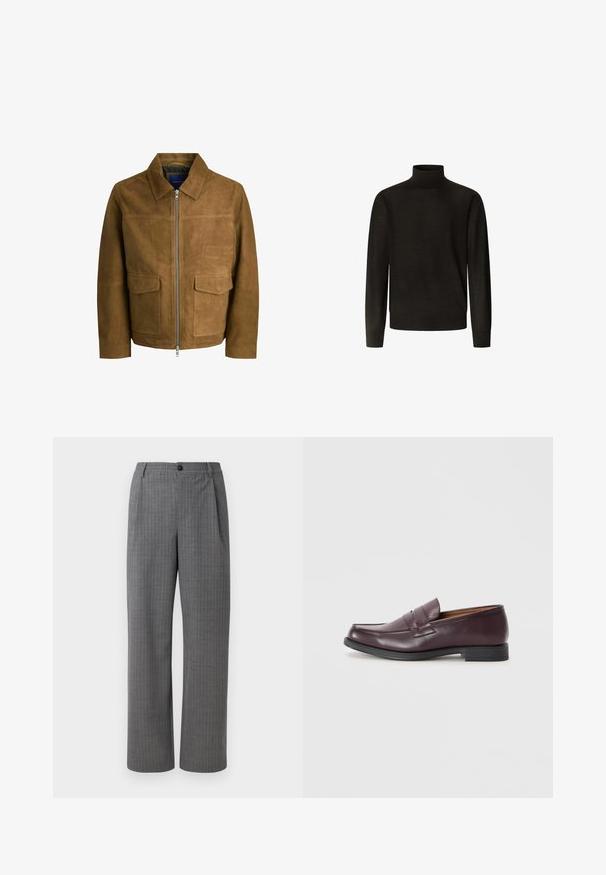 Hnědá semišová bunda s límcem, zipovým uzávěrem a dvěma plochými kapsami vpředu. Hladký povrch s pevným střihem.; Hackett London ROLL NECK - Svetr - dark brown; Šedé pánské kalhoty s vertikálními bílými pruhy. Vyrobené z hladké látky, mají zapínání na knoflík a široký střih.; Burgundské kožené mokasíny s kulatou špičkou, jemným šitým detailem a nízkou černou podrážkou. Klasický design s minimálními ozdobami.