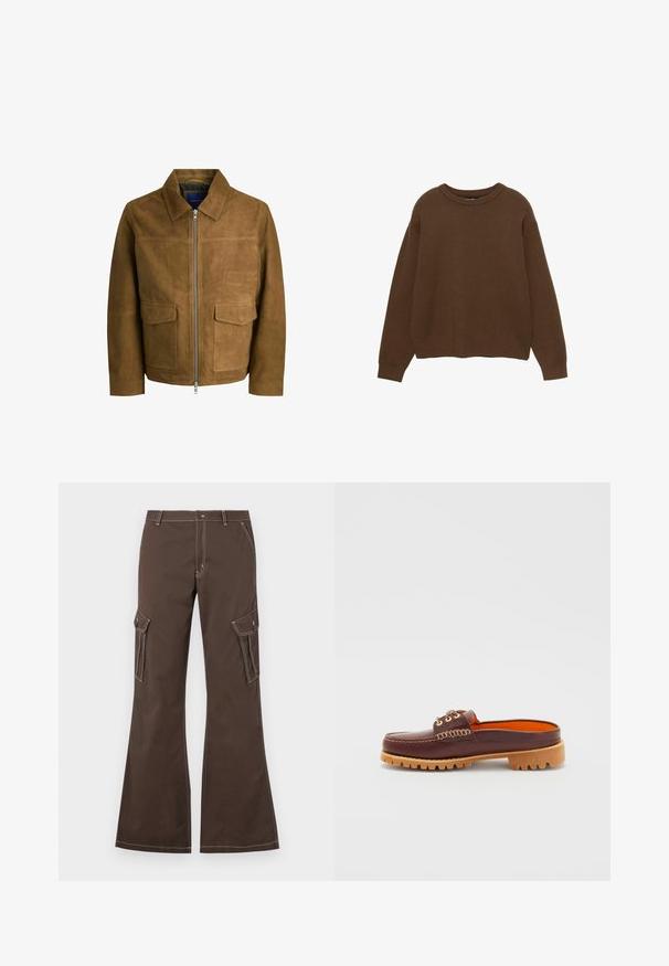 Brown suede jacket featuring a collared neckline, zip closure, and two flat pockets on the front. Smooth texture with a structured fit.; Brown knitted sweater with a round neckline, long sleeves, and a relaxed fit. Smooth texture with ribbed cuffs and hem.; Brown cargo pants with flared legs, featuring side pockets, white stitching accents, and a metal button closure.; Brown leather slip-on shoe with a rounded toe, textured stitching detail, gold eyelets, and a tan, ridged outsole. Interior features bright orange.