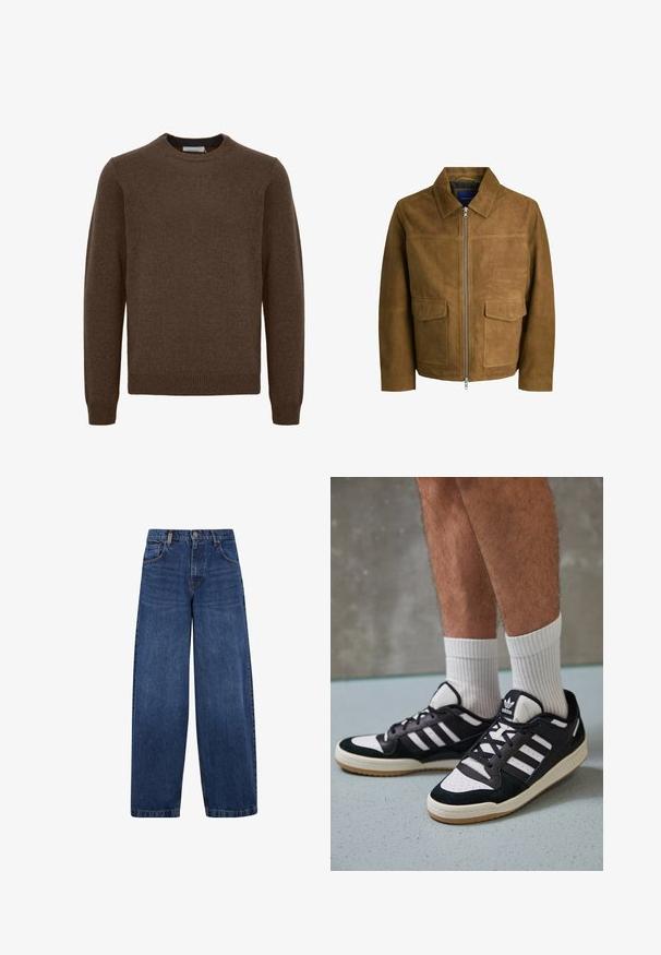 Smeđa zamšna jakna s ovratnikom, zatvaranjem na patentni zatvarač i dva ravna džepa sprijeda. Glatka tekstura s definiranim krojem.; Smeđi pleteni pulover s okruglim izrezom, dugim rukavima, rebrastim manžetama i donjim rubom. Izrađen od mekog, teksturiranog materijala. Nema vidljivih uzoraka ili naglasaka.; Široke traperice od plavog denima s klasičnim dizajnom pet džepova, zatvaranjem na dugme i lagano izbljeđenom teksturom. Čvrsti detalji šivanja.; Crne i bijele tenisice s gornjim dijelom od antilopa i kože, s tri bijele pruge, perforiranim prstom i gumiranim potplatom.