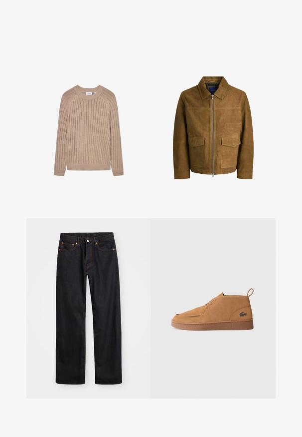 Pruun seemisjakker, millel on kraega kaelus, lukuga kinniti ja kaks lamedat taskut ees. Sujuv tekstuur ja struktureeritud lõige.; Beez ribatud kudum, millel on pikad varrukad, ümar kaelus ja diskreetne külglogo silt. Omab tekstuurset mustrit ja füüsiliselt sobivaid mansette.; Meeste sirge jala mustad denim teksad viie taskuga, oranž õmblus, nupu ja tõmblukuga ees nagu vöökoht.; Pruun nubukist valmistatud nööpidega pahkluu kingad, millel on kummitald ja tõmbenöör, ning küljes on allkiri krokodillide logo.