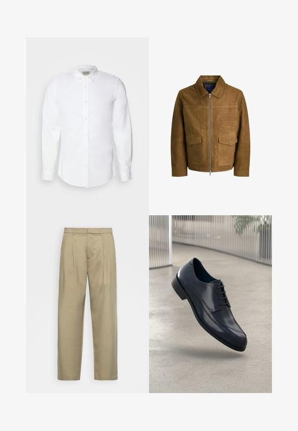 Brown suede jacket featuring a collared neckline, zip closure, and two flat pockets on the front. Smooth texture with a structured fit.; White button-up shirt made of cotton with a classic collar, long sleeves, and subtle embroidery on the left chest. Features beige buttons.; Beige, high-waisted trousers with a straight cut, featuring a flat front, side pockets, and a smooth, textured fabric.; Glossy black leather dress shoe with laces, floating above a smooth, light gray floor and vertical metallic bars in the background.
