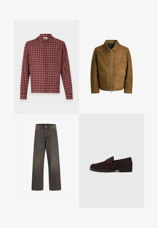 Giacca in suede marrone con colletto, chiusura con zip e due tasche piatte sul davanti. Tessuto liscio con una vestibilità strutturata.; Camicia a maniche lunghe a quadri rossi con colletto a punta, chiusura a bottoni e taschino sul petto. Il materiale sembra morbido con una leggera texture.; Jeans a gamba larga in denim grigio scuro, con vita alta, design classico a cinque tasche e cuciture a contrasto lungo le cuciture.; Mocassini in suede marrone con profilo basso e punta arrotondata. Presentano una fascia decorativa sulla parte superiore, suola piatta in gomma e nessuna cucitura visibile.