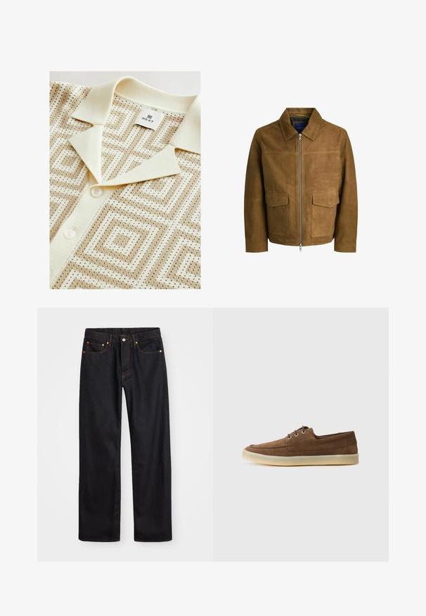 Chaqueta de ante marrón con cuello, cierre de cremallera y dos bolsillos planos en la parte delantera. Textura suave con un ajuste estructurado.; Next REGULAR FIT - SHORT SLEEVE GEOMETRIC PATTERN WITH CUBAN COLLAR
- Camisa - neutral; Jeans de mezclilla negros de pierna recta para hombre, con cinco bolsillos y costuras en color naranja, cierre de botón y cremallera en la parte delantera de la cintura.; Zapatos de ante marrón con un diseño de perfil bajo, con cordones, suela de goma y detalles de costura en contraste. Estilo simple y funcional.