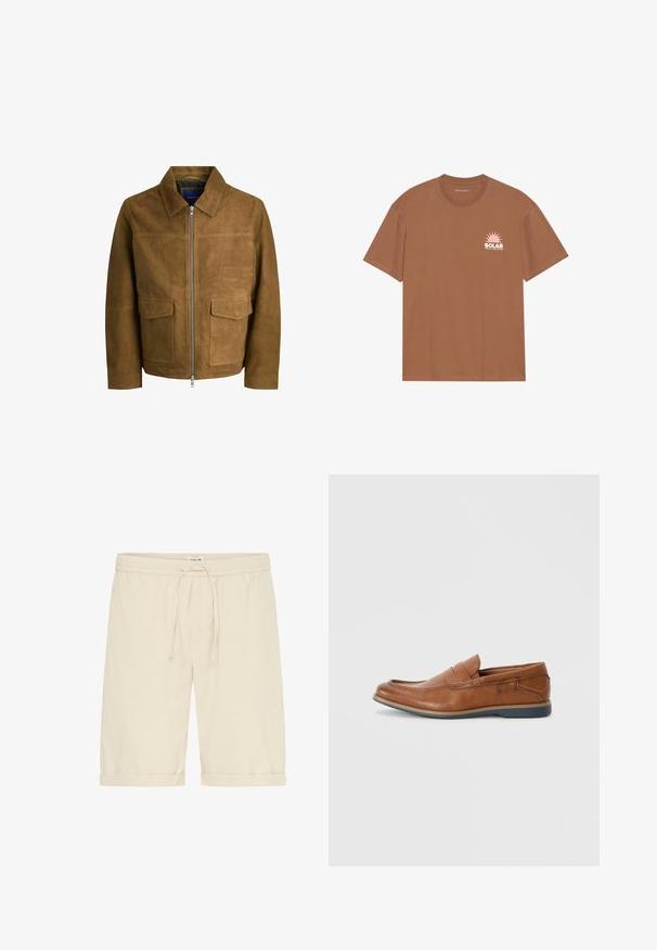 Giacca in suede marrone con colletto, chiusura con zip e due tasche piatte sul davanti. Tessuto liscio con una vestibilità strutturata.; T-shirt marrone a maniche corte in cotone, con una grafica di un sole rosa e il testo "SOLAR" sul lato sinistro del petto. Design con scollo rotondo.; Pantaloncini beige in cotone con elastico in vita e coulisse. Orli arrotolati e texture liscia, caratterizzati da dettagli di design minimalisti.; Mocassini in pelle marrone con punta tondeggiante, dettagli cuciti e suola in gomma bassa. Il design presenta una banda sulla parte superiore.