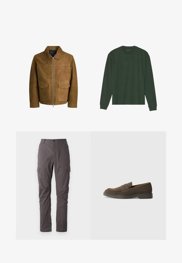 Ruda zomšinė striukė su apykakle, užtrauktuku ir dviem lygiomis kišenėmis priekyje. Lygus paviršius su struktūrizuotu siluetu.; Žalias ilgomis rankovėmis medvilninis marškinėlis, turintis apvalią iškirptę, tiesų apatinį kraštą ir gaksudus rankogalius. Nėra matomų raštų ar akcentų.; Pilki krovinių kelnės su tiesiu kirpimu, turinčios kelis šoninius kišenes ir sustiprintus siūlus palei kojas. Pagaminta iš patvarios medžiagos.; Rudos suede loaferiai su apvaliu nosiu, juostele per vampą ir plokščiu guminio pado. Paprastas dizainas su švariomis linijomis ir minimaliu detalizavimu.