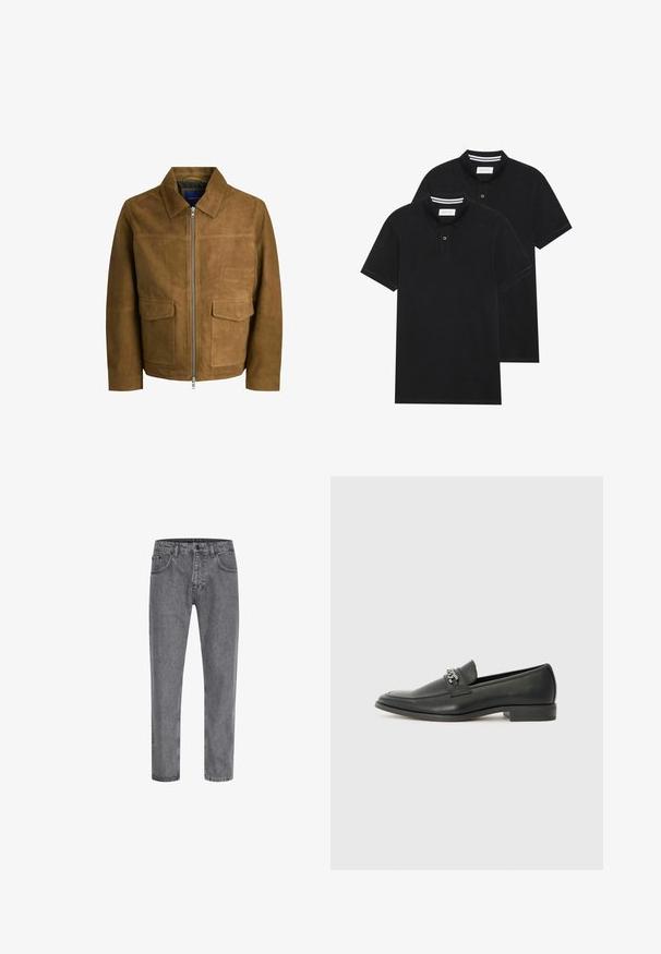 Smeđa zamšna jakna s ovratnikom, zatvaranjem na patentni zatvarač i dva ravna džepa sprijeda. Glatka tekstura s definiranim krojem.; Dva crna polo majice, kratki rukavi, pamučni materijal, sa klasičnom ovratnikom, čepom sa dva gumba i bijelim prugastim detaljima unutar ovratnika.; Sive traperice sa ravnim krojem, dizajnom od pet džepova, klasičnim dugmetom i patentnim zatvaračem, te suptilnim izbljeđivanjem na teksturi tkanine.; Crna kožna loafer cipela s glatkom finišem, s ušivenim uzorkom i dekorativnim metalnim lancem preko prednjeg dijela. Ravni potplat.
